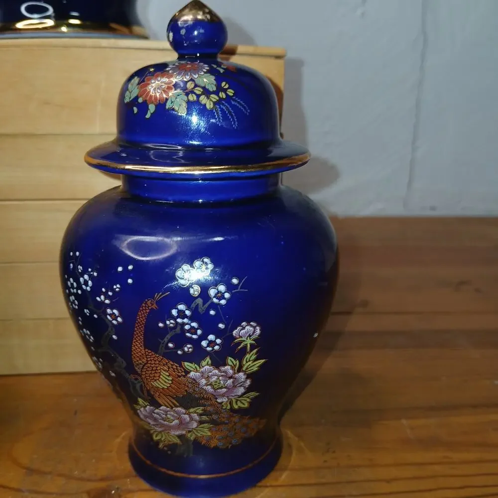 3 Cobalt Blue Vase Ginger Jar with Lid Floral Peacock Asian Decor Accent #54